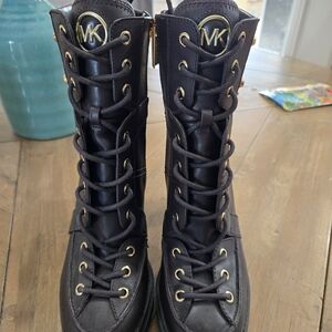 Michael Kors Black Lace-Up Boots with Gold Details